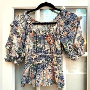 Anthropologie | Moon River | Puff Sleeve Ruffle Printed Babydoll Blouse Size XS